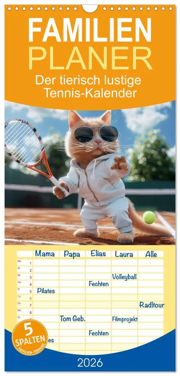 Cover: 9783516494655 | Familienplaner 2026 - Der tierisch lustige Tennis-Kalender mit 5...
