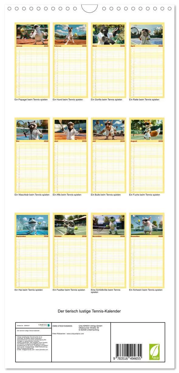 Bild: 9783516494655 | Familienplaner 2026 - Der tierisch lustige Tennis-Kalender mit 5...