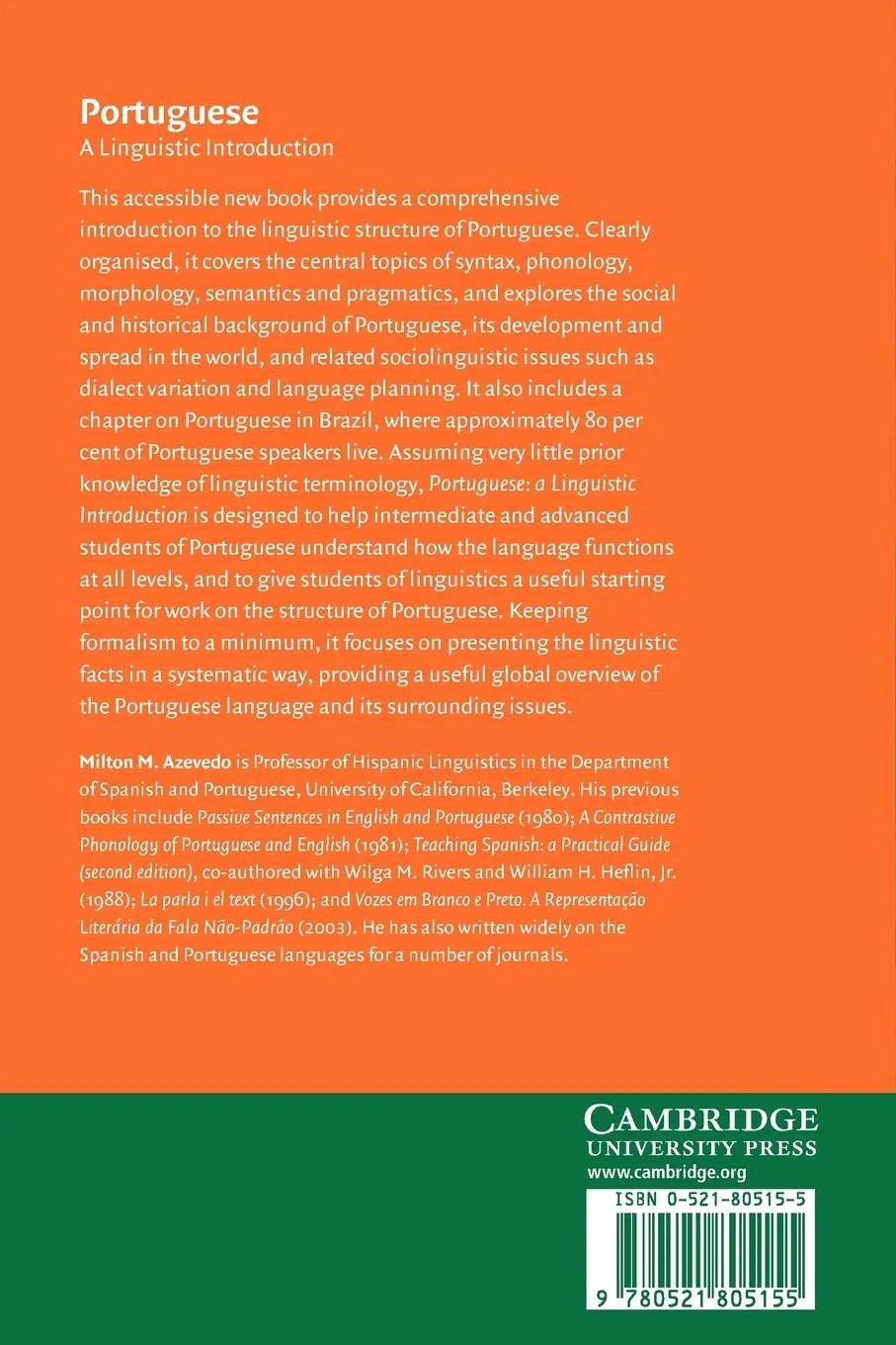 Rückseite: 9780521805155 | Portuguese | A Linguistic Introduction | Milton M. Azevedo | Buch