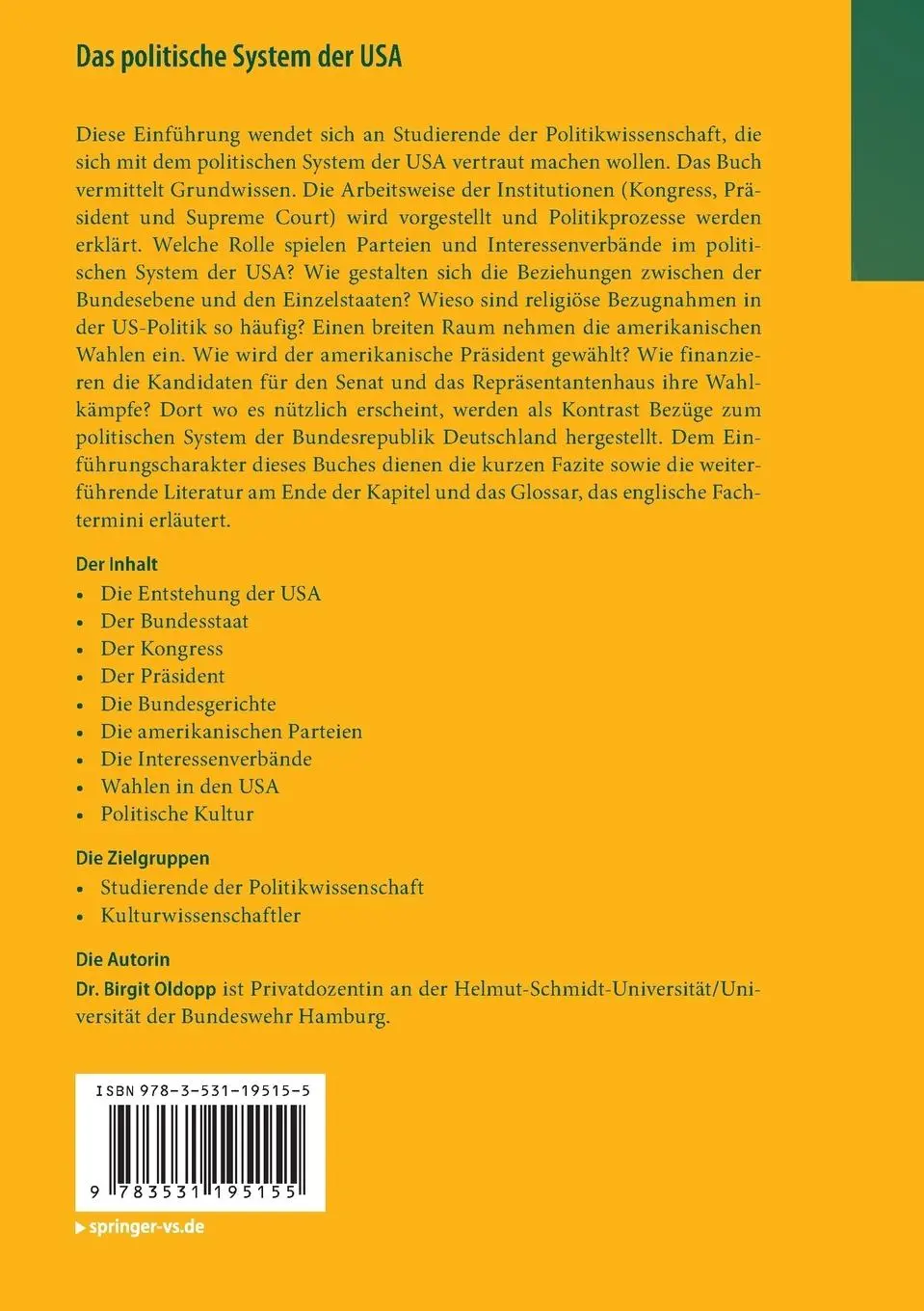 Rückseite: 9783531195155 | Das politische System der USA | Eine Einführung | Birgit Oldopp | Buch