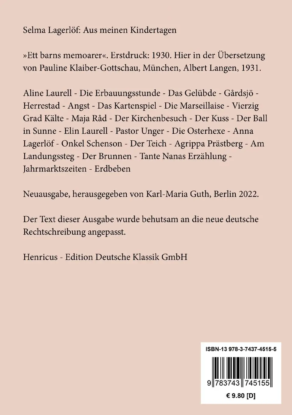 Rückseite: 9783743745155 | Aus meinen Kindertagen | Selma Lagerlöf | Taschenbuch | Paperback