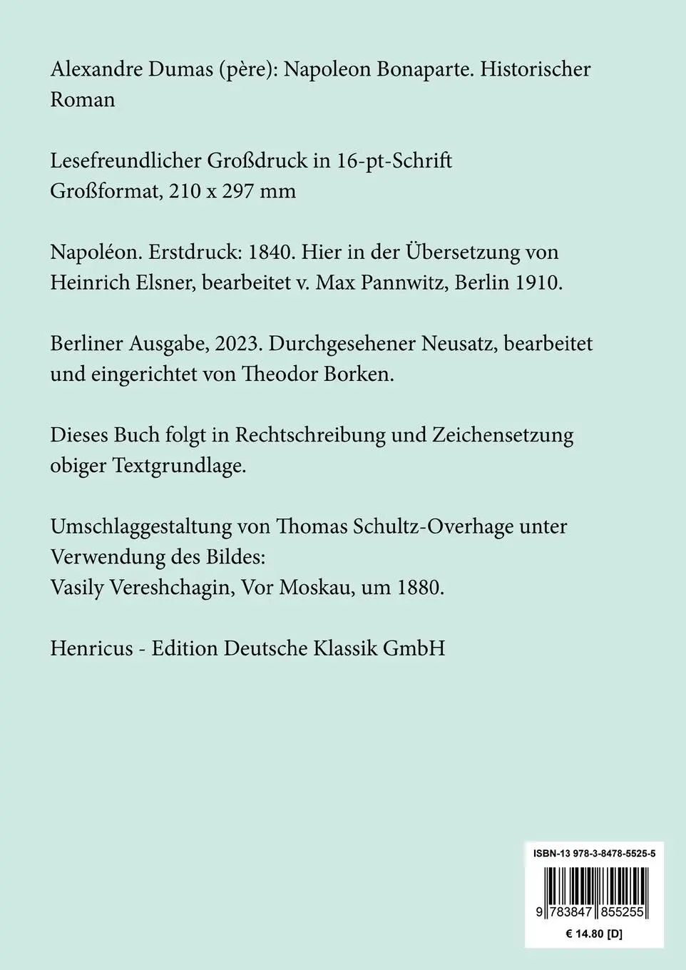 Rückseite: 9783847855255 | Napoleon Bonaparte (Großdruck) | Historischer Roman | Alexandre Dumas