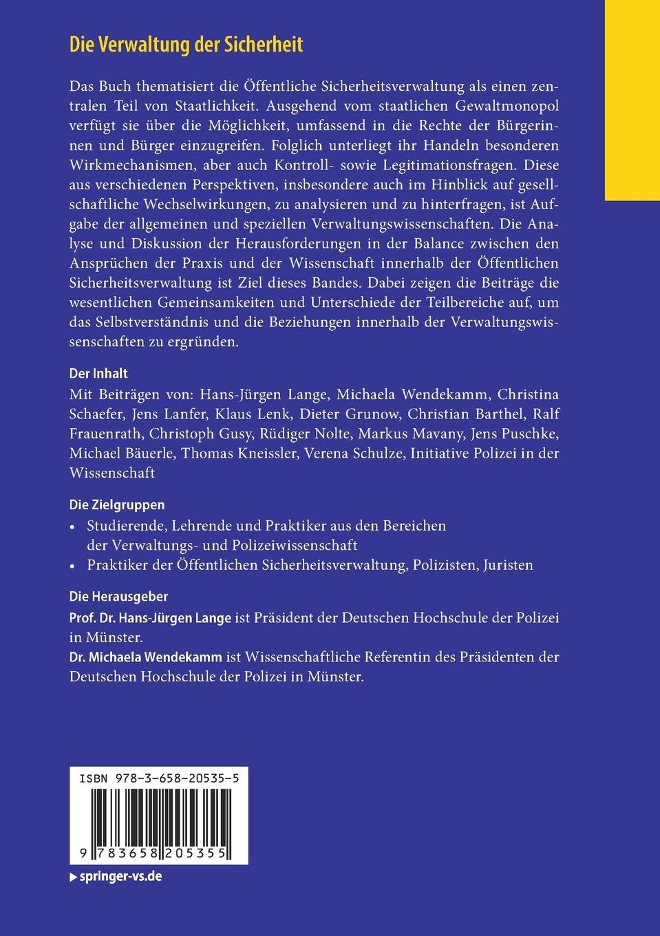 Rückseite: 9783658205355 | Die Verwaltung der Sicherheit | Michaela Wendekamm (u. a.) | Buch | vi