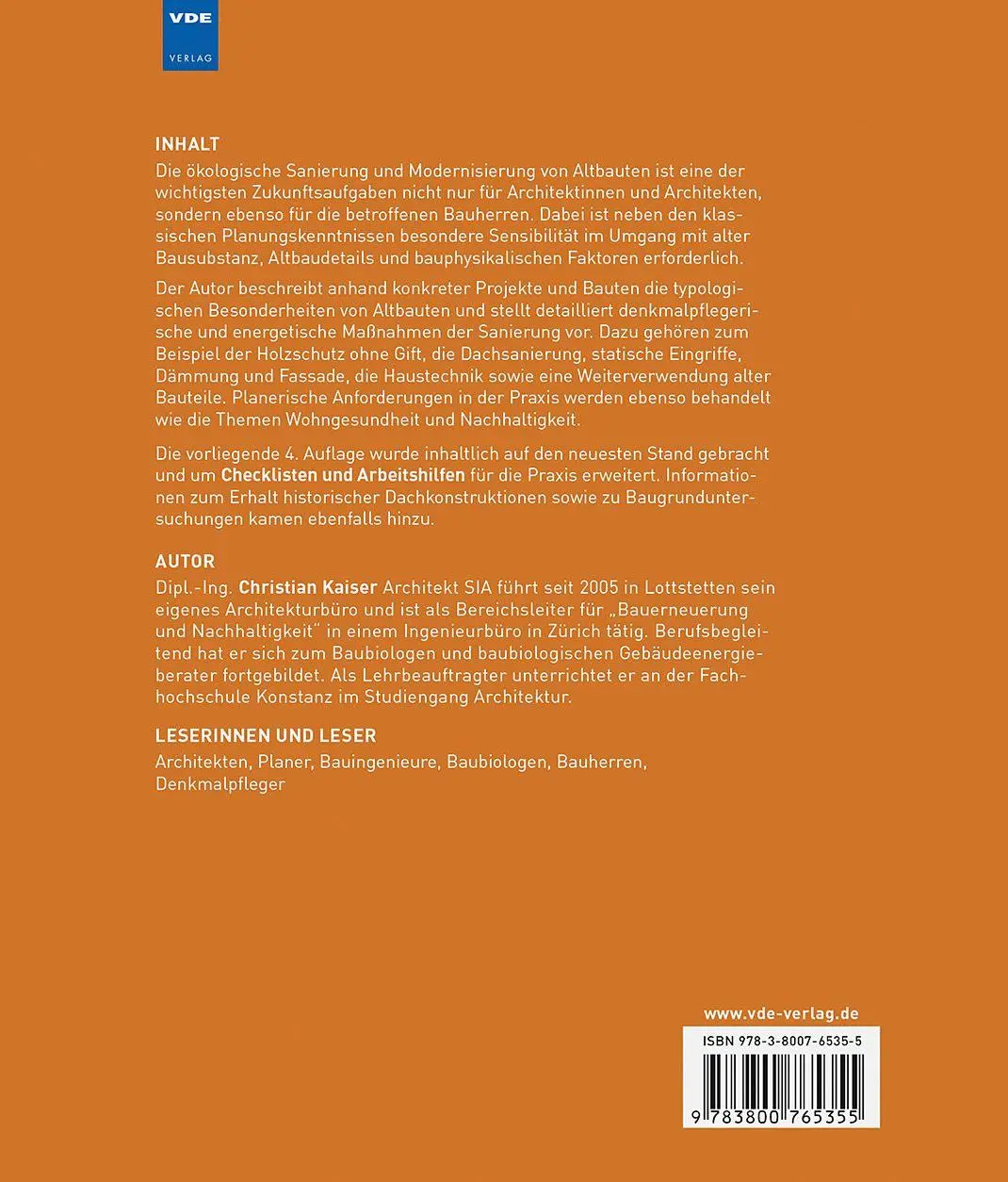 Rückseite: 9783800765355 | Ökologische Altbausanierung | Christian Kaiser | Buch | 239 S. | 2025