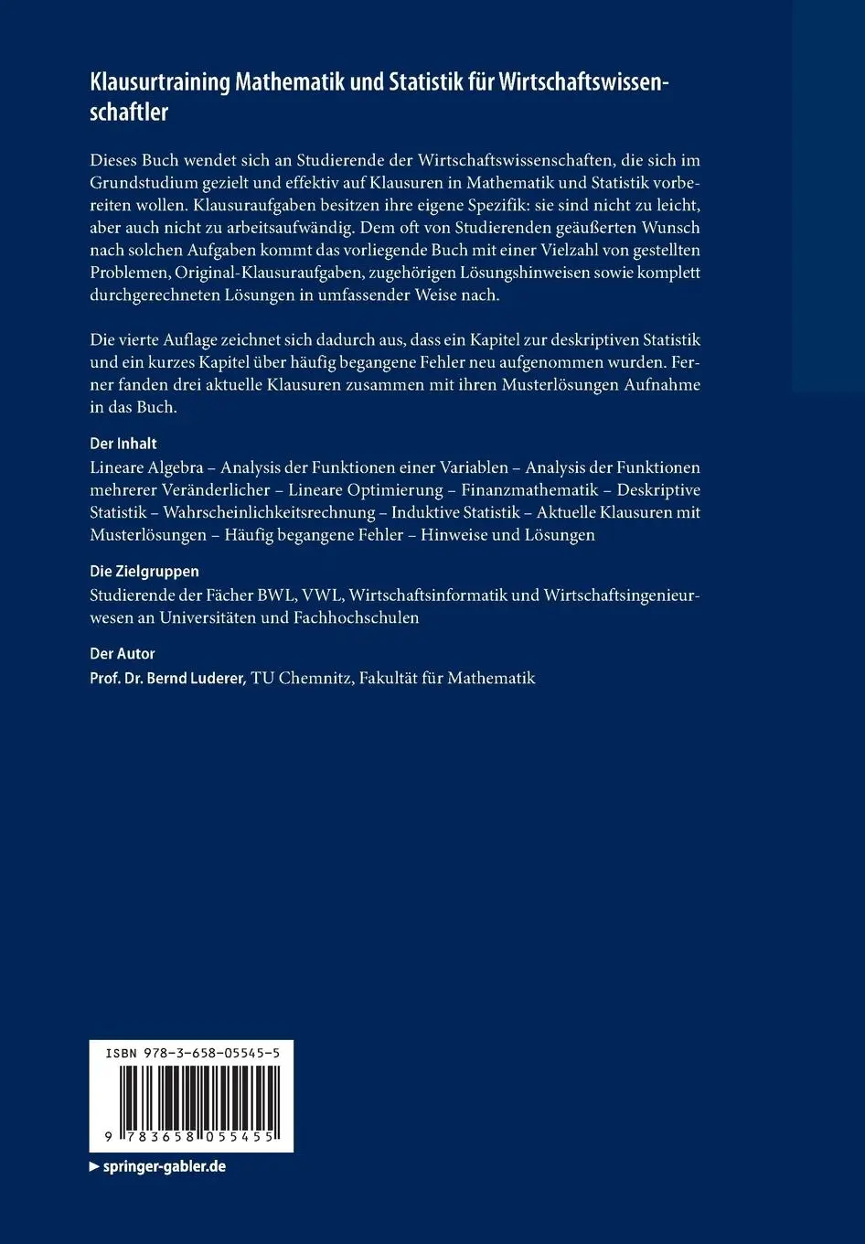 Rückseite: 9783658055455 | Klausurtraining Mathematik und Statistik für...