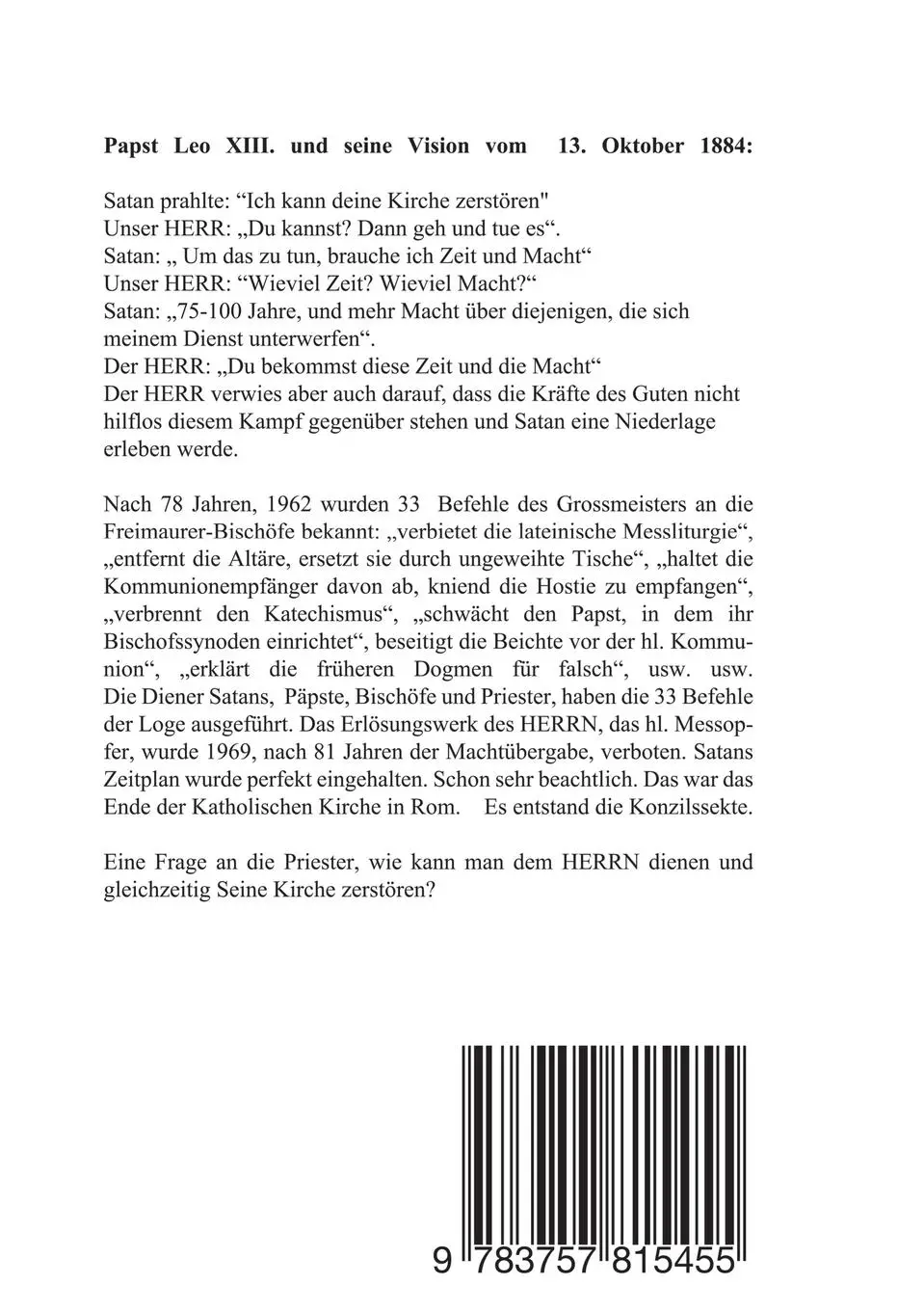 Rückseite: 9783757815455 | PAPST LEO XIII. VISION VOM 13. OKT. 1884 | SATAN REGIERT IM VATIKAN