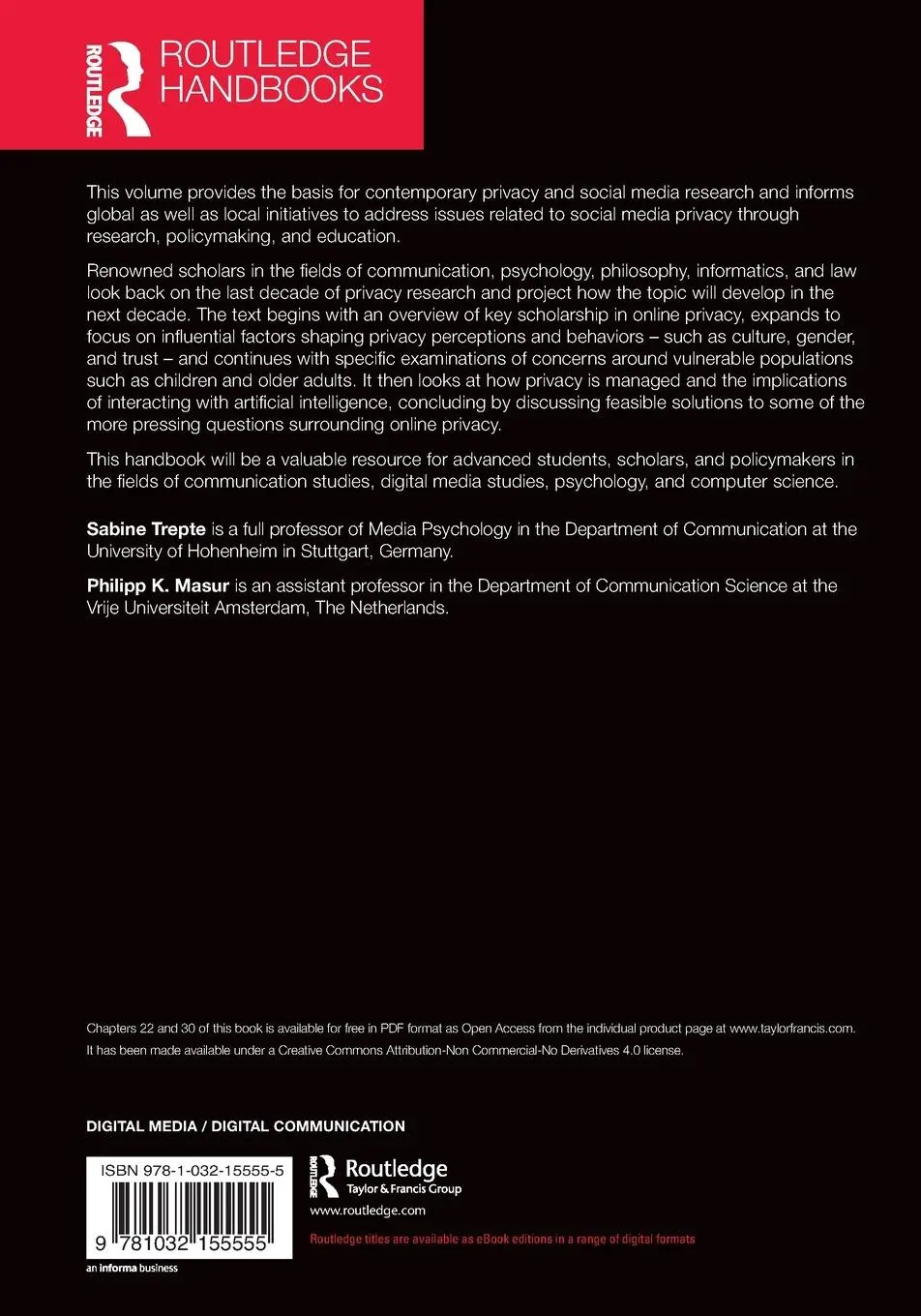 Rückseite: 9781032155555 | The Routledge Handbook of Privacy and Social Media | Trepte (u. a.)
