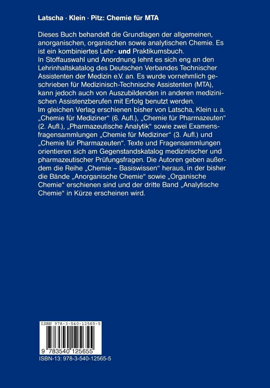 Rückseite: 9783540125655 | Chemie für MTA | H. P. Latscha (u. a.) | Taschenbuch | xii | Deutsch