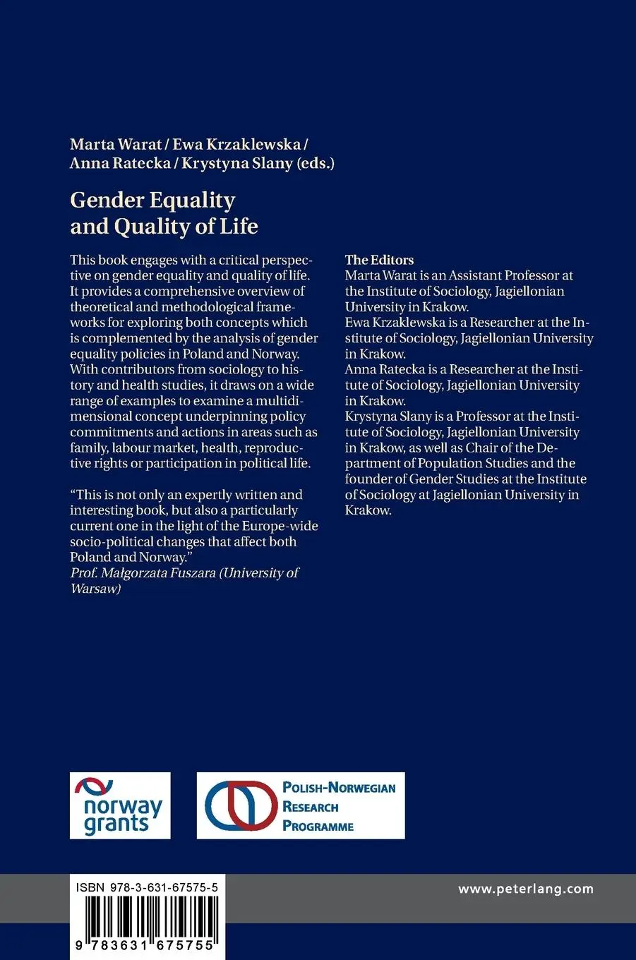 Rückseite: 9783631675755 | Gender Equality and Quality of Life | Marta Warat (u. a.) | Buch