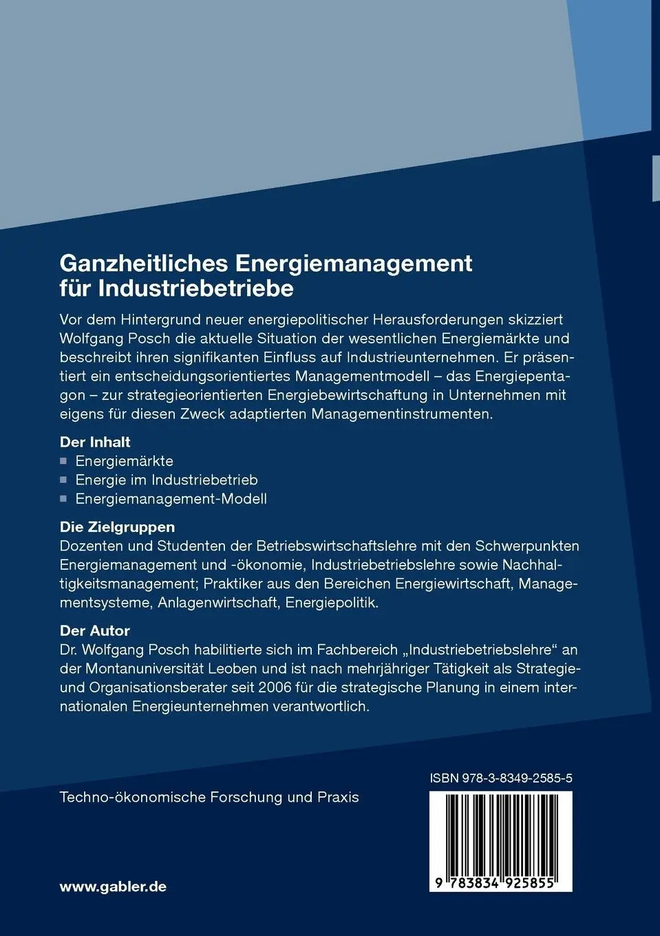 Rückseite: 9783834925855 | Ganzheitliches Energiemanagement für Industriebetriebe | Posch | Buch