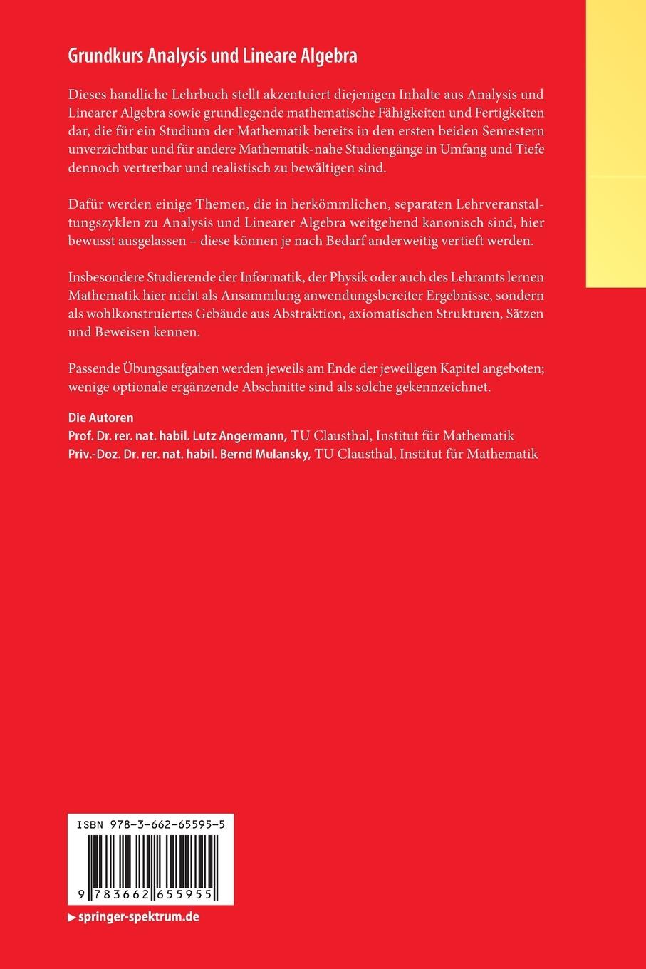 Rückseite: 9783662655955 | Grundkurs Analysis und Lineare Algebra | Bernd Mulansky (u. a.) | Buch
