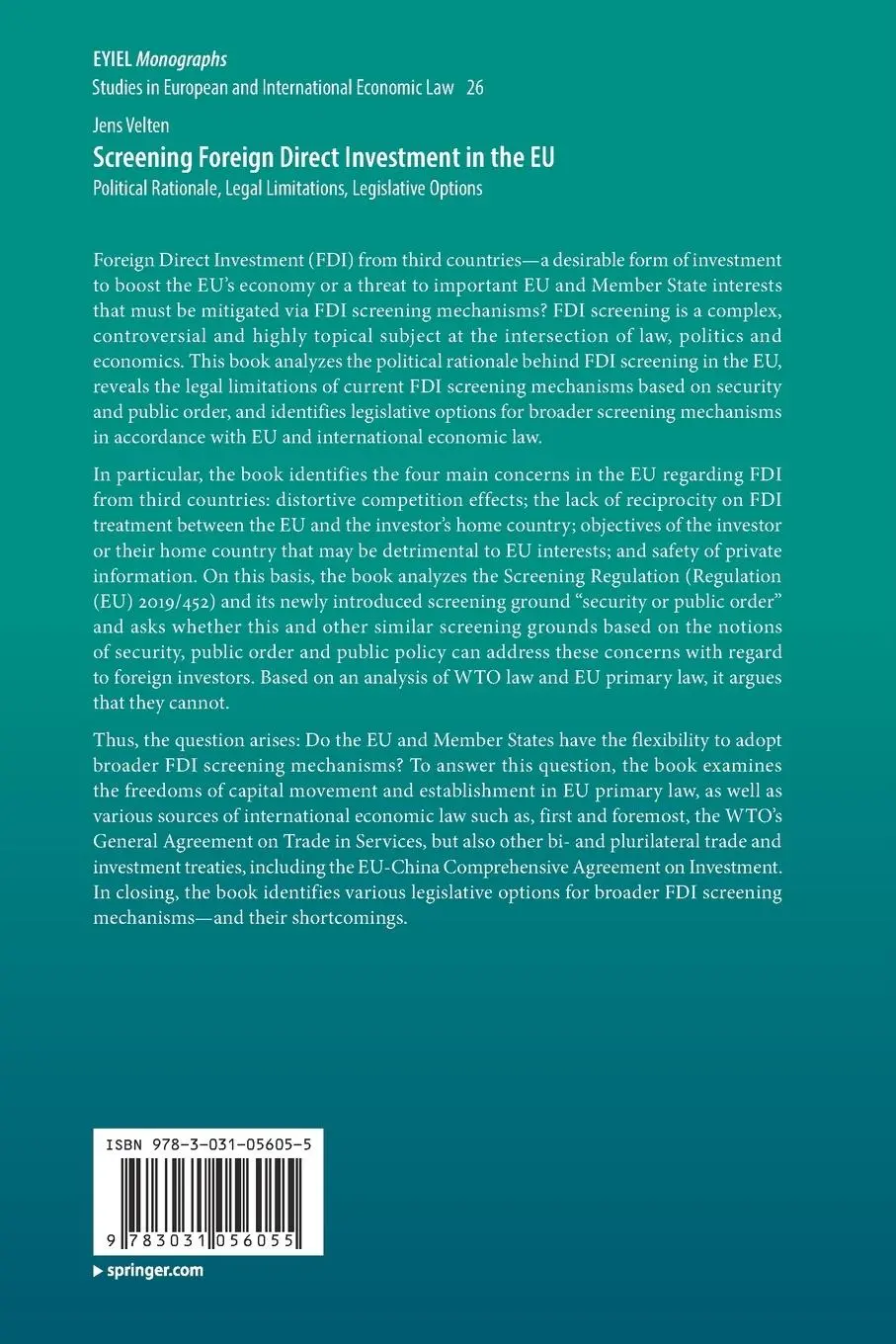 Rückseite: 9783031056055 | Screening Foreign Direct Investment in the EU | Jens Velten | Buch