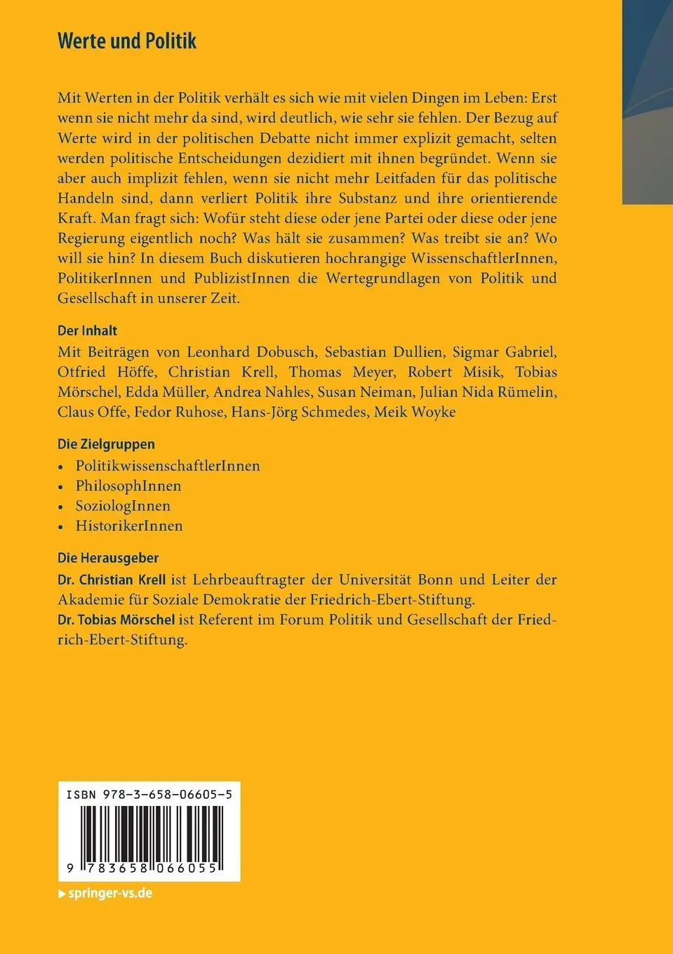 Rückseite: 9783658066055 | Werte und Politik | Tobias Mörschel (u. a.) | Taschenbuch | vi | 2014
