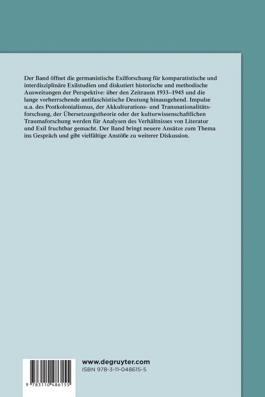 Rückseite: 9783110486155 | Literatur und Exil | Neue Perspektiven | Susanne Komfort-Hein (u. a.)