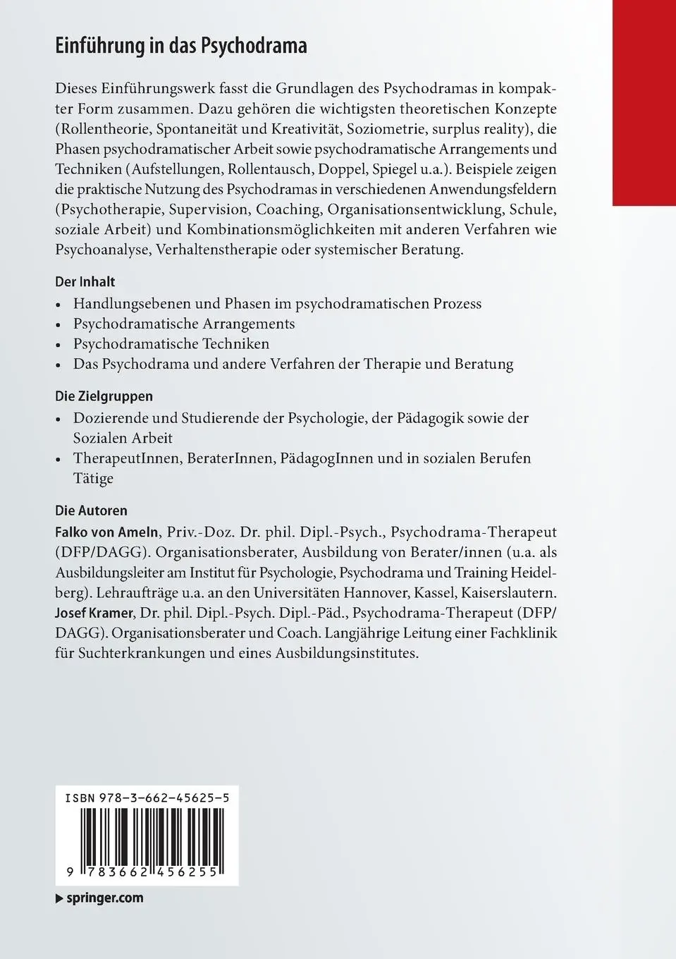 Rückseite: 9783662456255 | Einführung in das Psychodrama | Josef Kramer (u. a.) | Taschenbuch | x