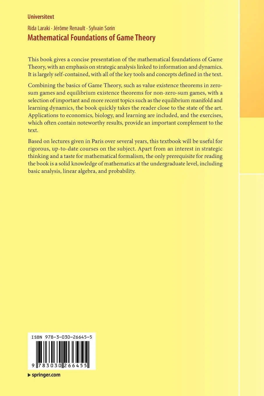 Rückseite: 9783030266455 | Mathematical Foundations of Game Theory | Rida Laraki (u. a.) | Buch