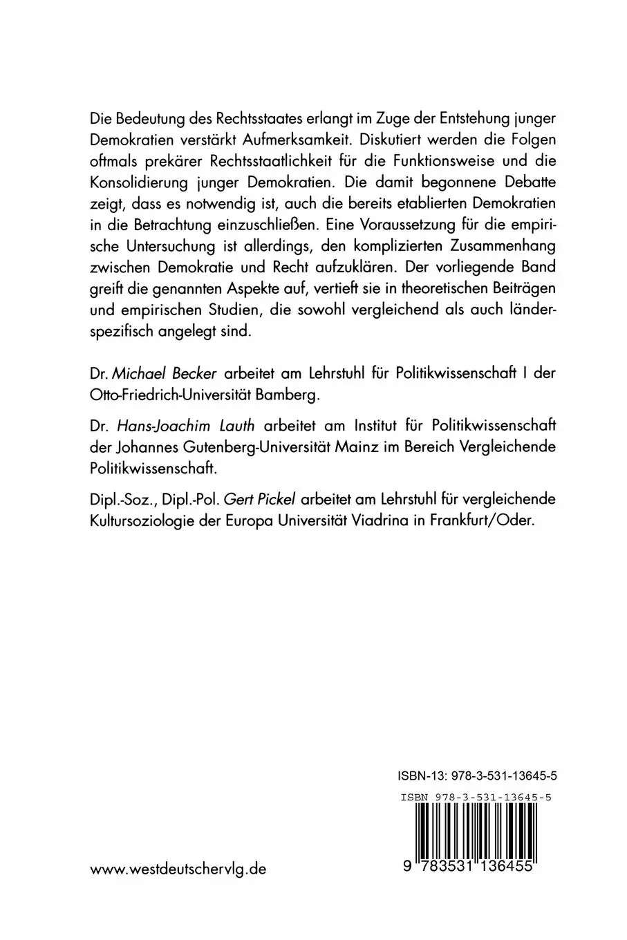 Rückseite: 9783531136455 | Rechtsstaat und Demokratie | Michael Becker (u. a.) | Taschenbuch