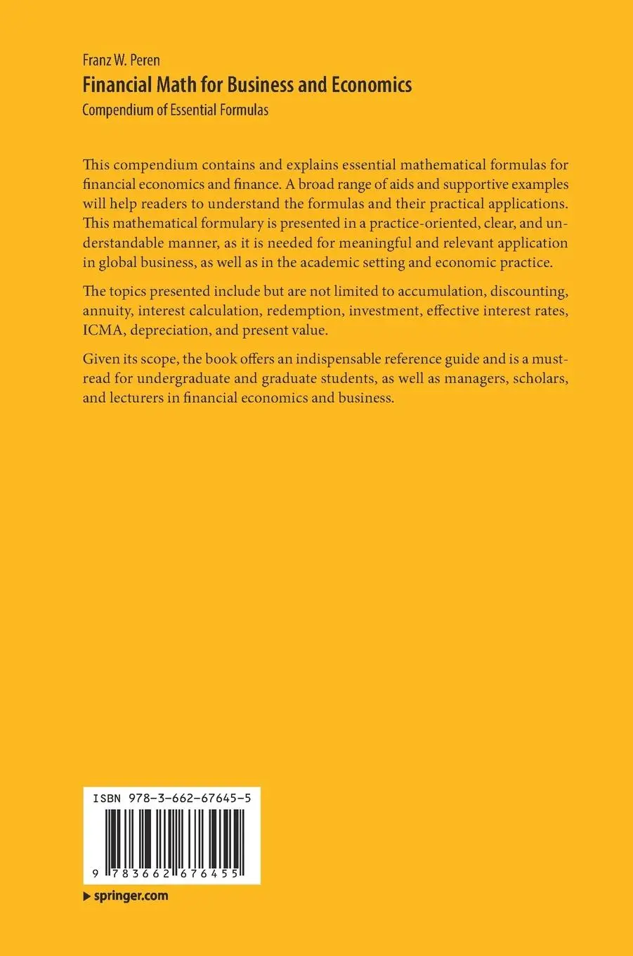 Rückseite: 9783662676455 | Financial Math for Business and Economics | Franz W. Peren | Buch
