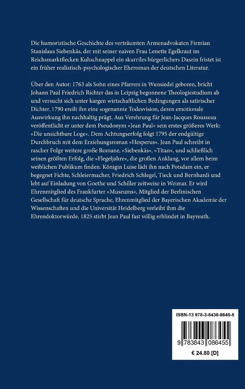 Rückseite: 9783843086455 | Siebenkäs | Jean Paul | Buch | HC runder Rücken kaschiert | 492 S.