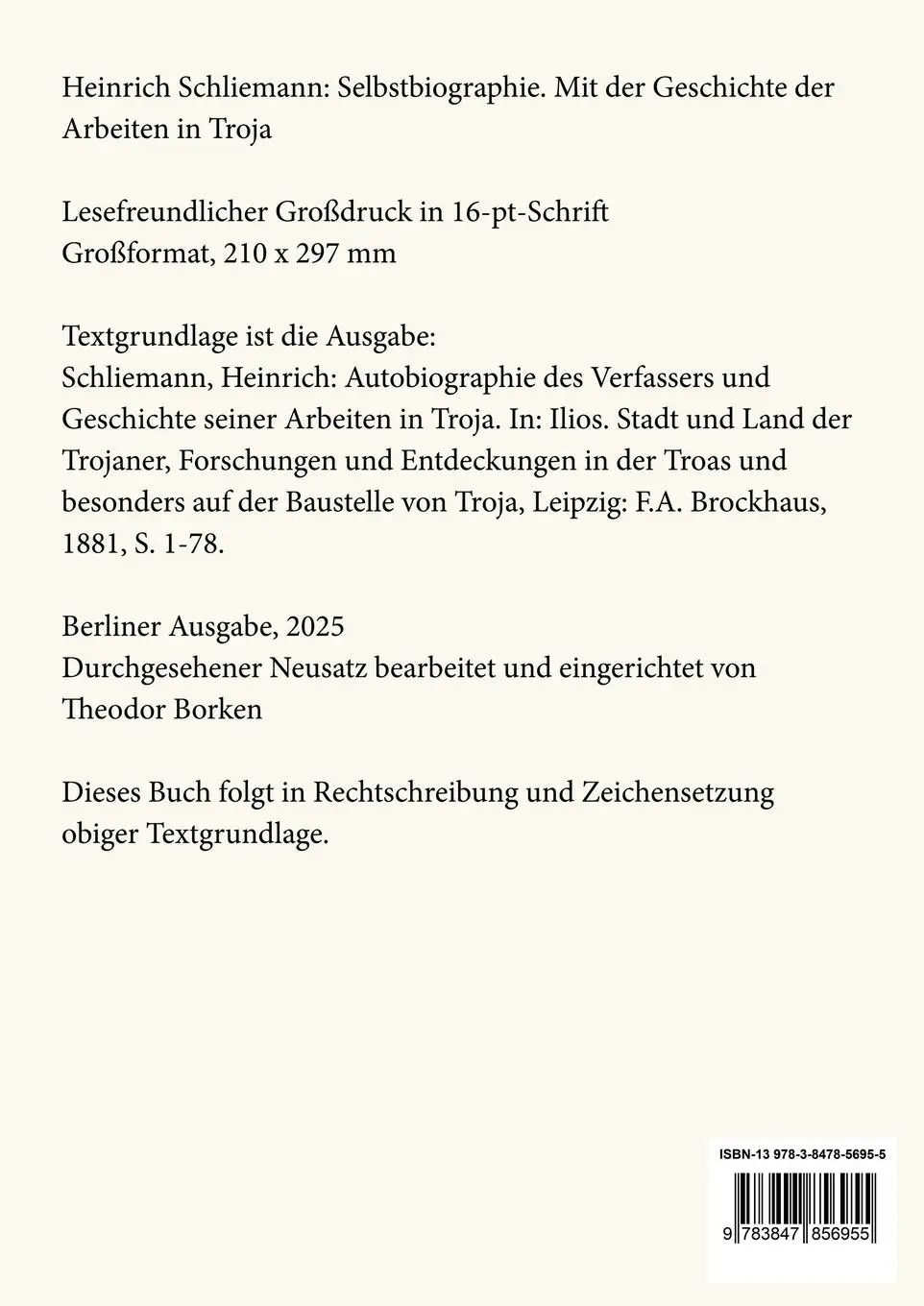 Rückseite: 9783847856955 | Selbstbiographie (Großdruck) | Heinrich Schliemann | Taschenbuch