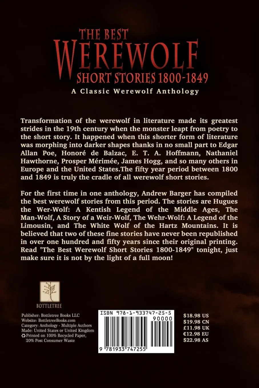 Rückseite: 9781933747255 | The Best Werewolf Short Stories 1800-1849 | Catherine Crowe (u. a.)