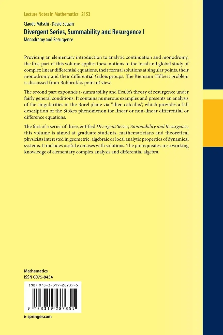 Rückseite: 9783319287355 | Divergent Series, Summability and Resurgence I | David Sauzin (u. a.)
