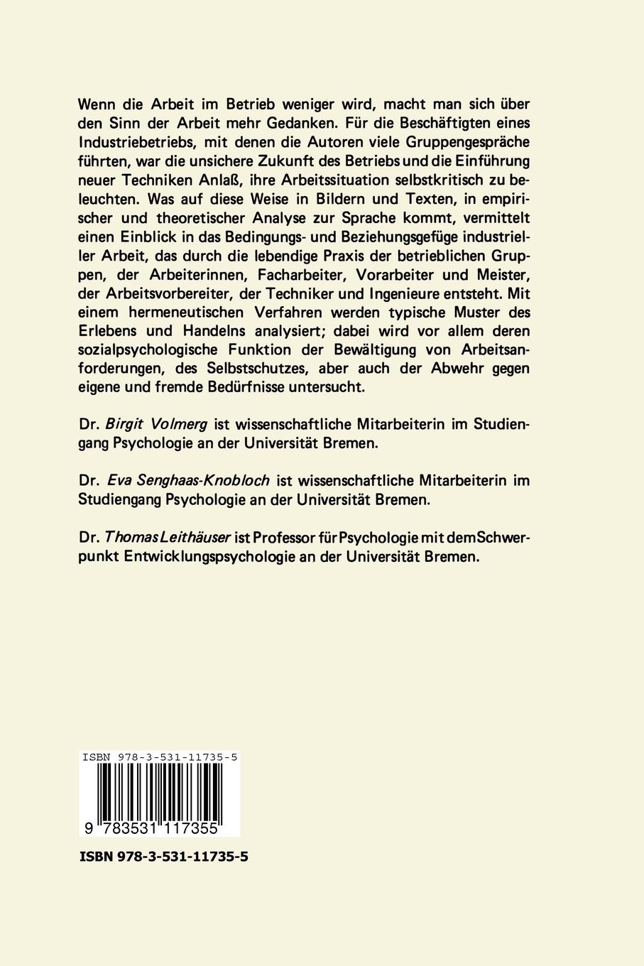 Rückseite: 9783531117355 | Betriebliche Lebenswelt | Birgit Volmerg (u. a.) | Taschenbuch | 1986