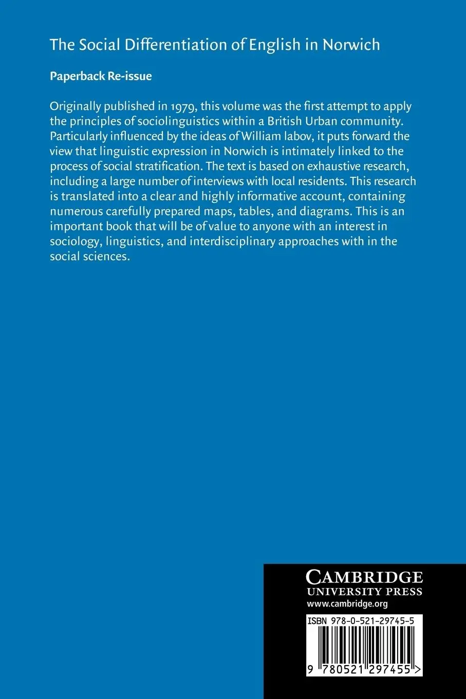 Rückseite: 9780521297455 | The Social Differentiation of English in Norwich | Trudgill (u. a.)