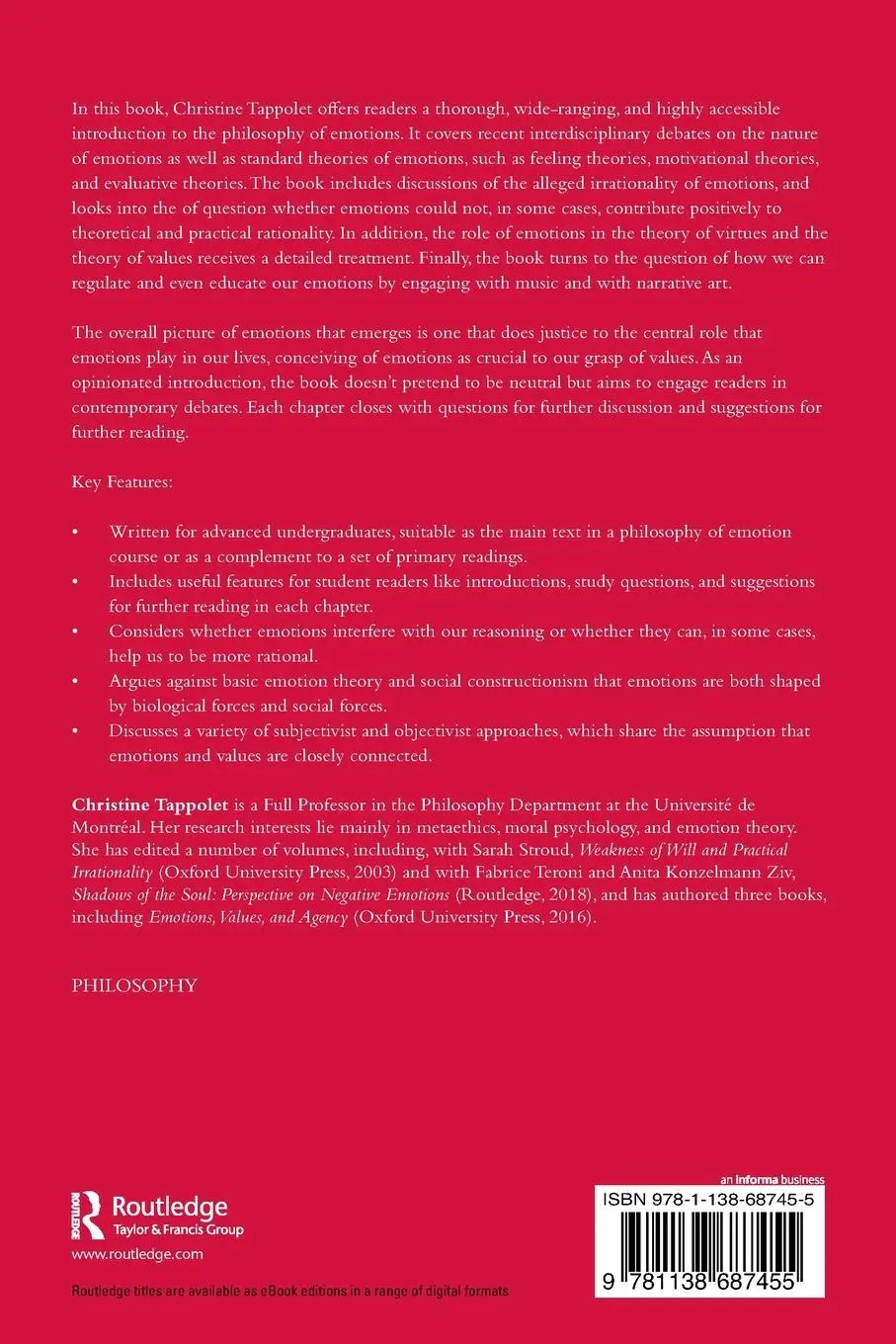 Rückseite: 9781138687455 | Philosophy of Emotion | A Contemporary Introduction | Tappolet | Buch