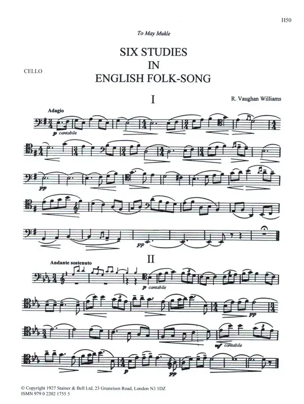 Cover: 9790220217555 | Six Studies In English Folk Song - Cello | Ralph Vaughan Williams
