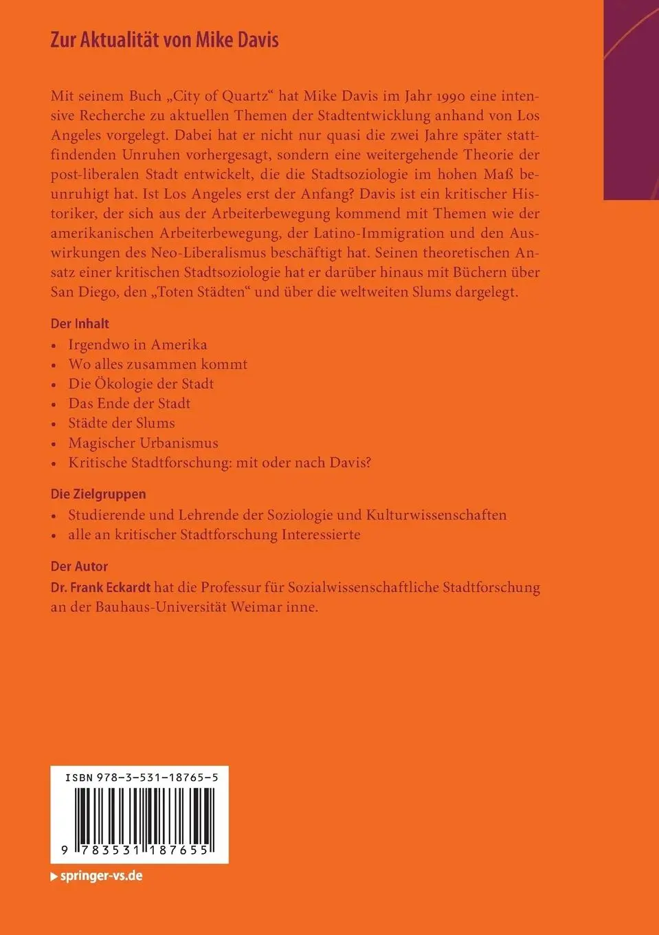 Rückseite: 9783531187655 | Zur Aktualität von Mike Davis | Frank Eckardt | Taschenbuch | v | 2013