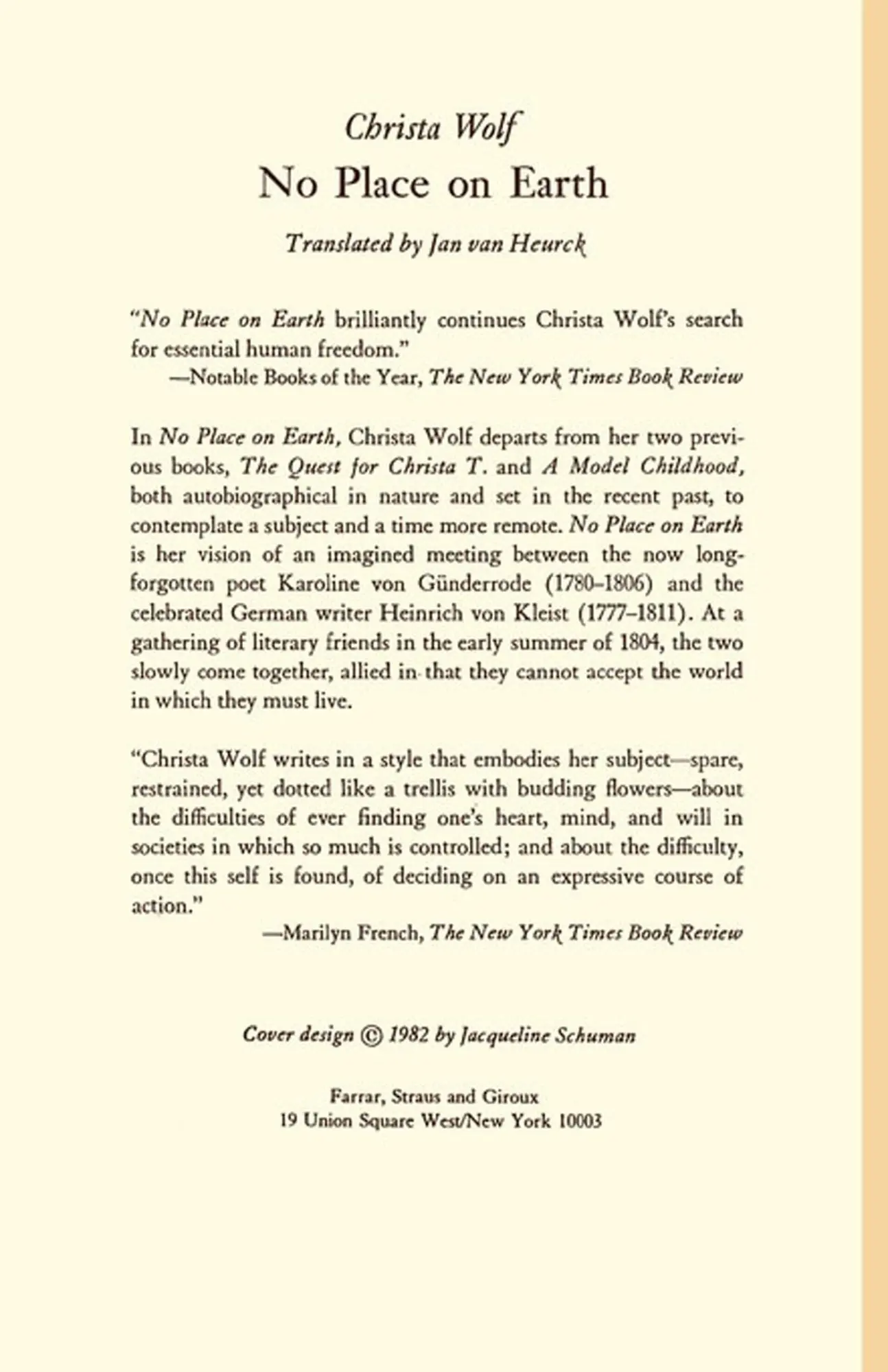 Rückseite: 9780374517755 | No Place on Earth | Christa Wolf | Taschenbuch | Englisch | 1983