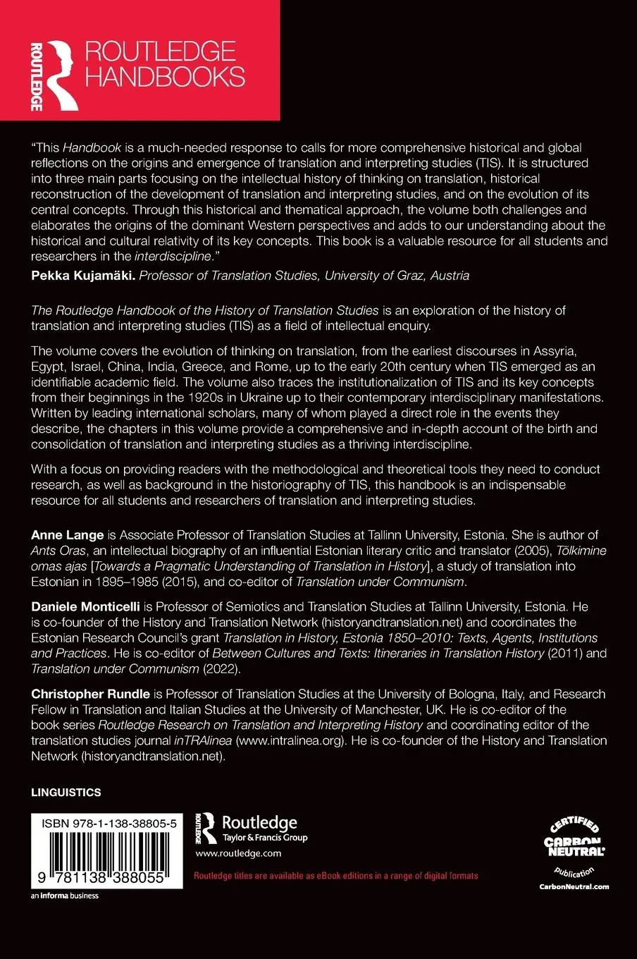 Rückseite: 9781138388055 | The Routledge Handbook of the History of Translation Studies | Buch