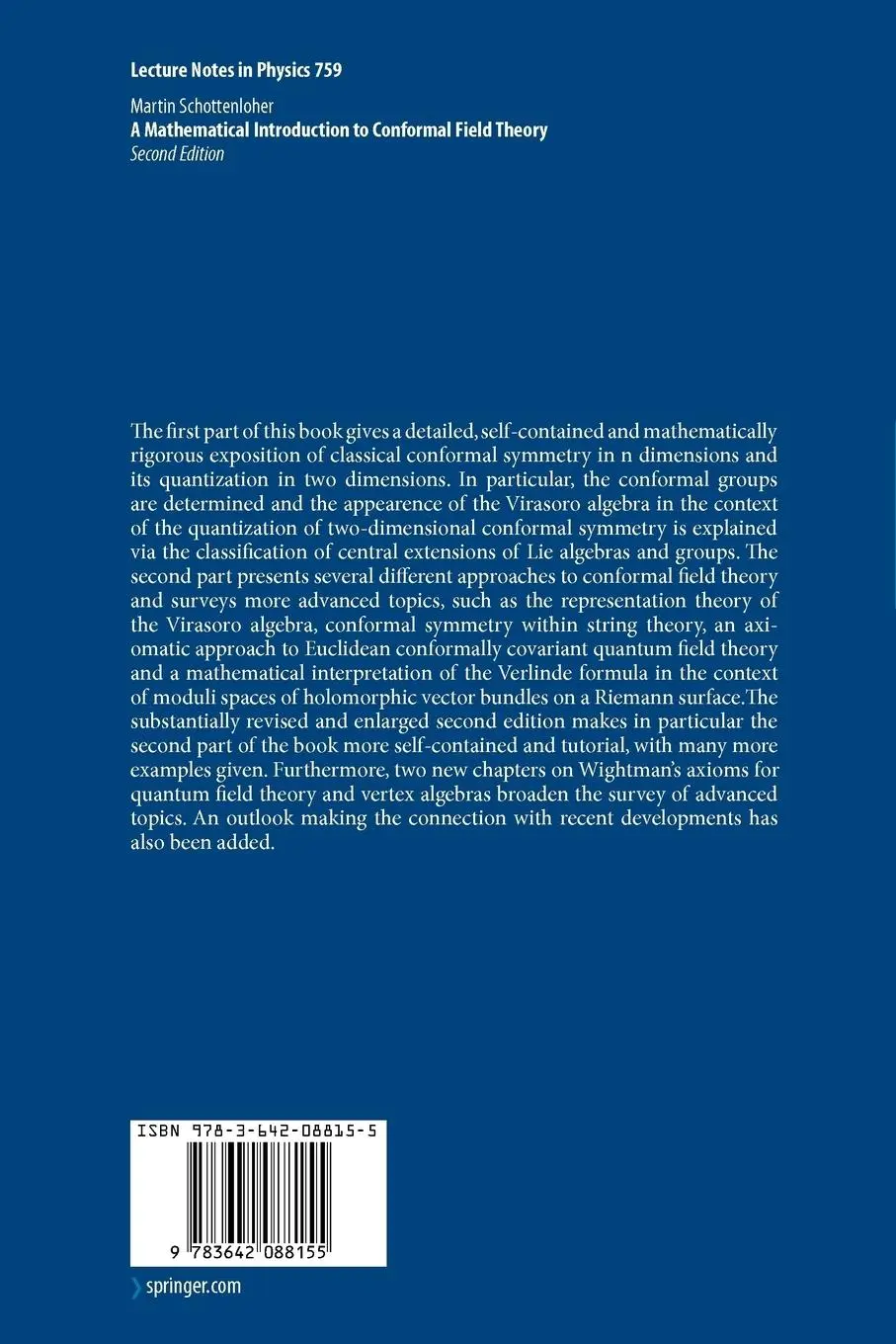 Rückseite: 9783642088155 | A Mathematical Introduction to Conformal Field Theory | Schottenloher