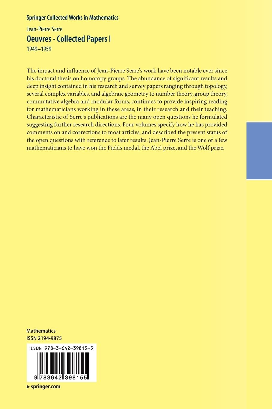 Rückseite: 9783642398155 | Oeuvres - Collected Papers I | 1949 - 1959 | Jean-Pierre Serre | Buch
