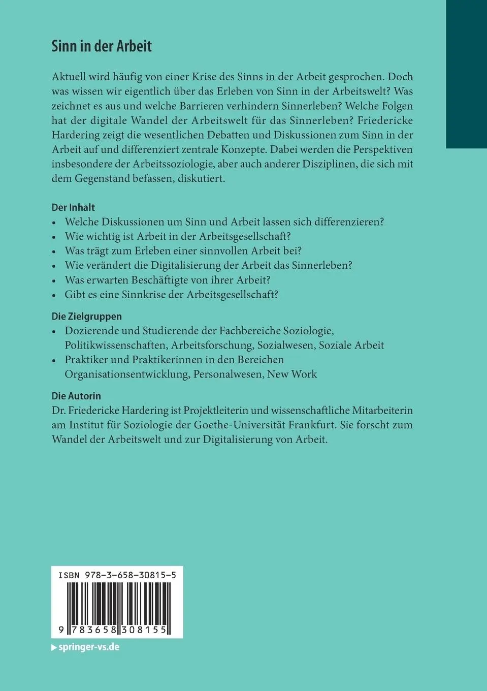 Rückseite: 9783658308155 | Sinn in der Arbeit | Friedericke Hardering | Taschenbuch | ix | 2020