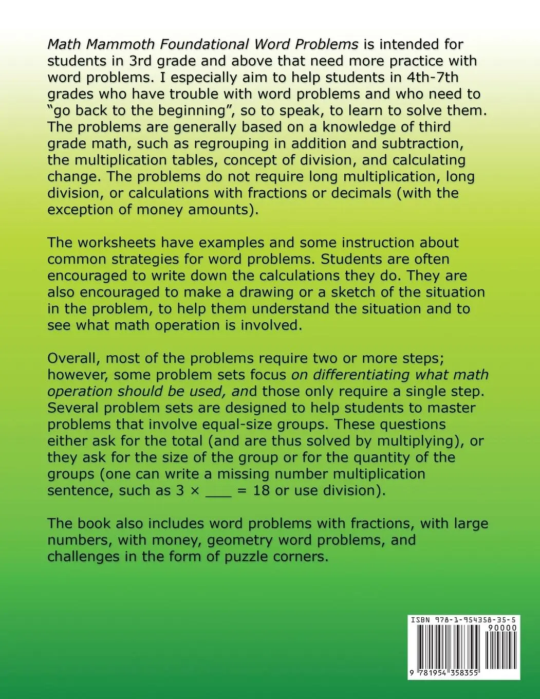 Rückseite: 9781954358355 | Math Mammoth Foundational Word Problems | Maria Miller | Taschenbuch
