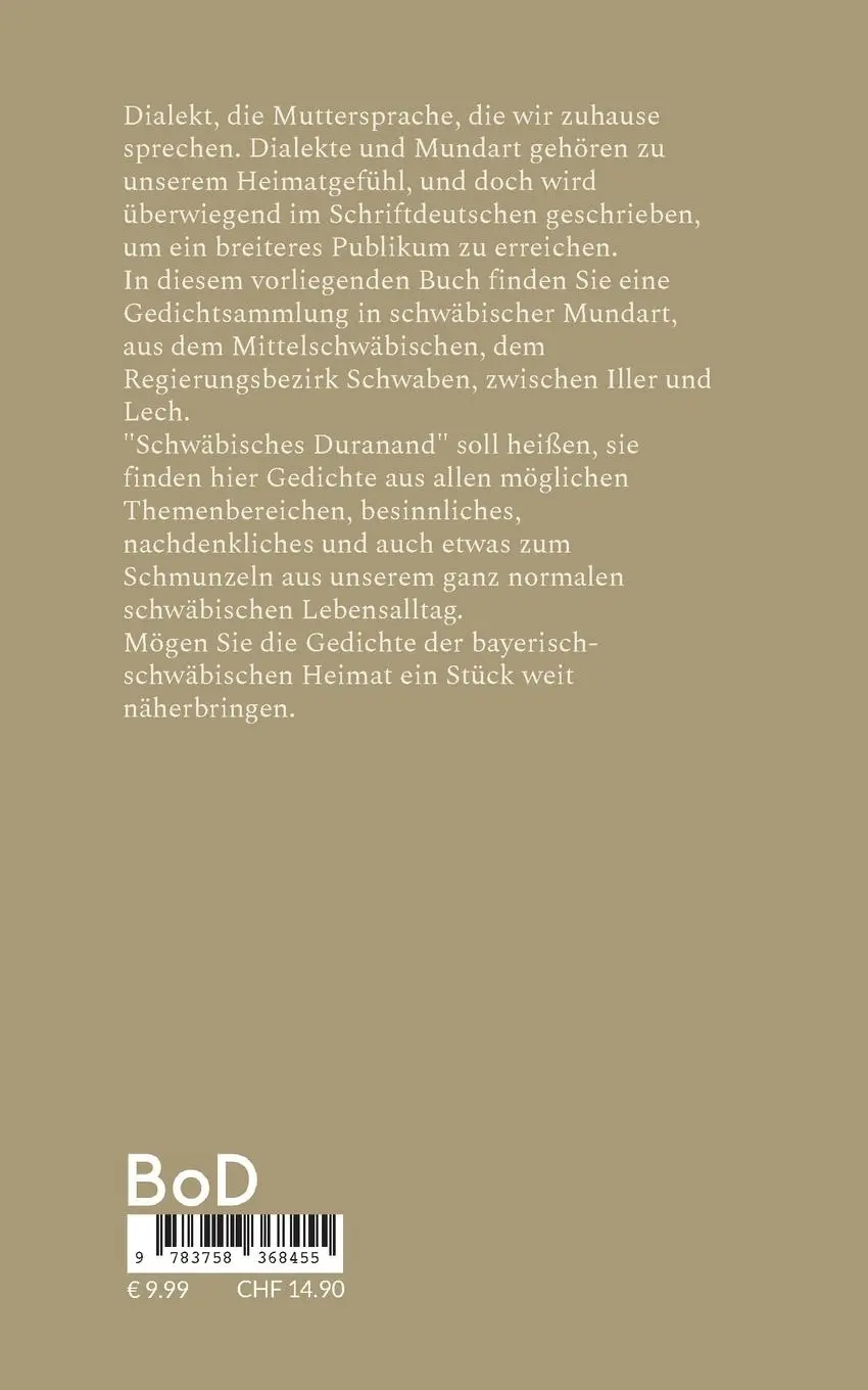 Rückseite: 9783758368455 | Schwäbisches Duranand | Gedichtsammlung in schwäbischer Mundart | Buch