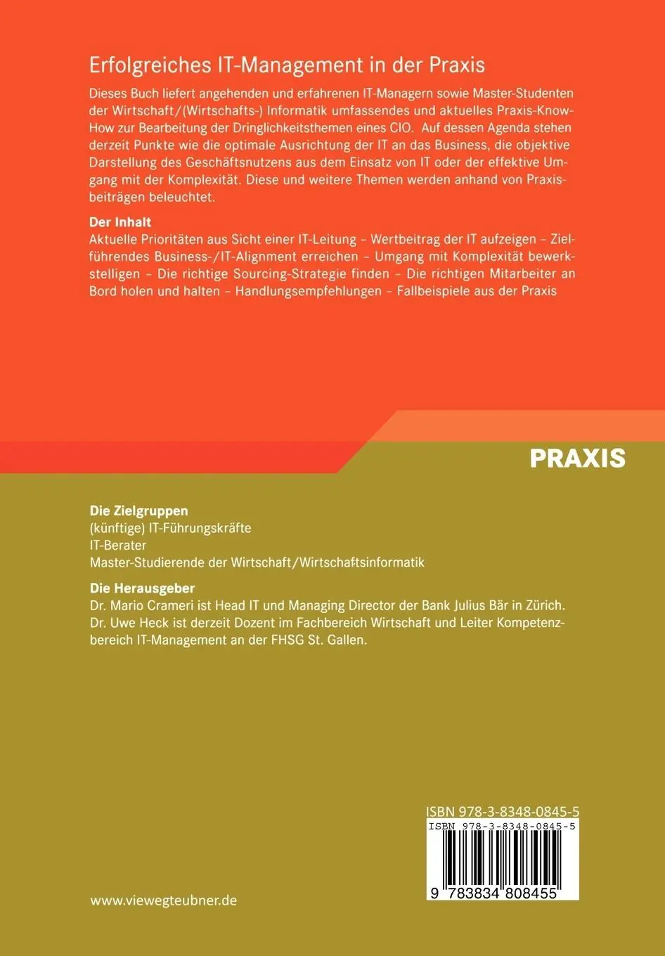 Rückseite: 9783834808455 | Erfolgreiches IT-Management in der Praxis | Ein CIO-Leitfaden | Buch