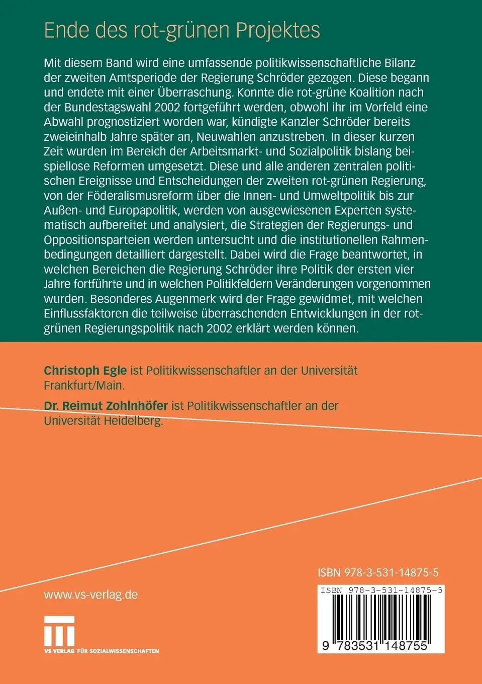 Rückseite: 9783531148755 | Ende des rot-grünen Projekts | Reimut Zohlnhöfer (u. a.) | Taschenbuch