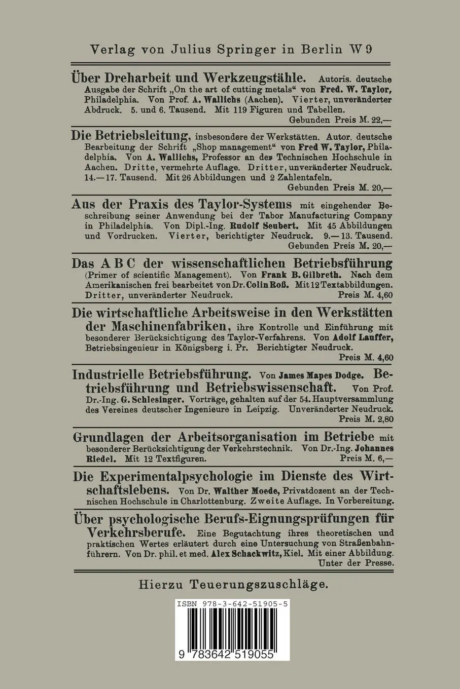 Rückseite: 9783642519055 | Kritik des Taylor-Systems | Gustav Frenz | Taschenbuch | viii