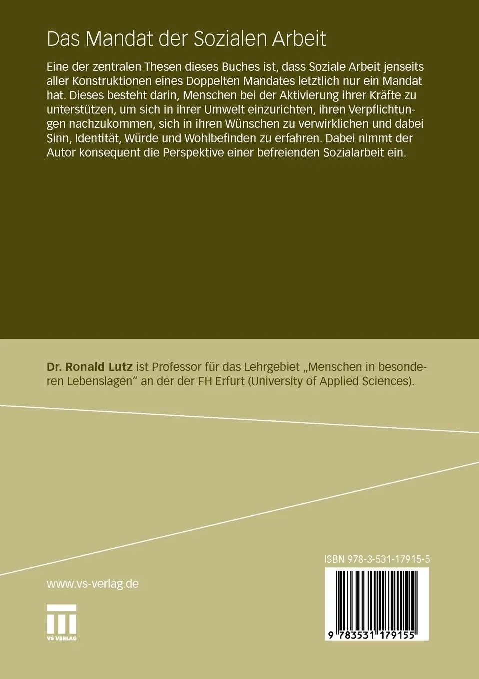 Rückseite: 9783531179155 | Das Mandat der Sozialen Arbeit | Ronald Lutz | Taschenbuch | 238 S.