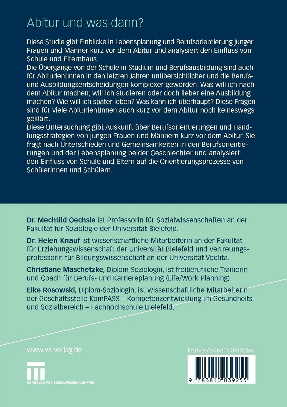 Rückseite: 9783810039255 | Abitur und was dann? | Mechtild Oechsle (u. a.) | Taschenbuch | 349 S.