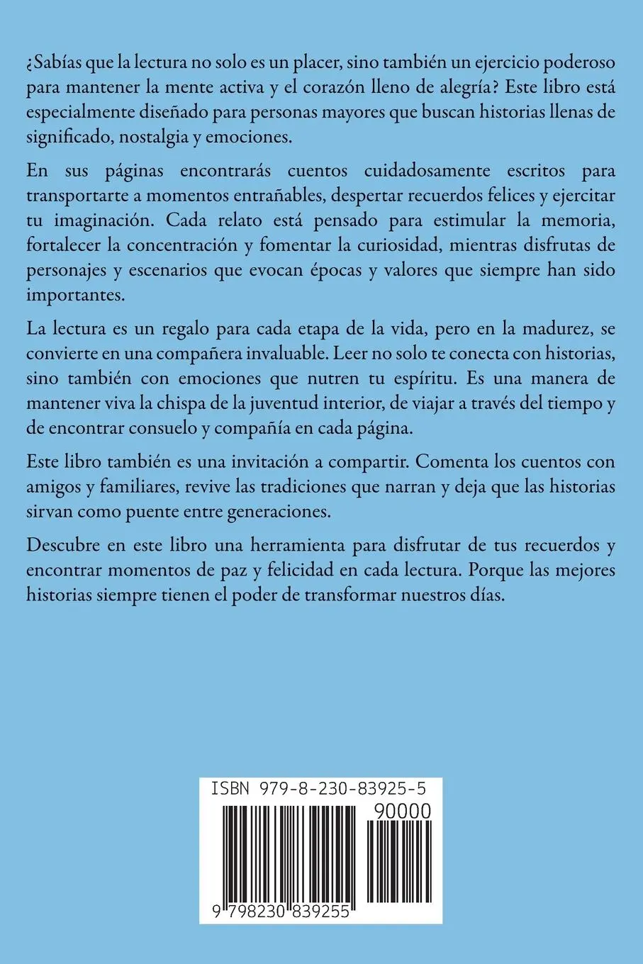 Rückseite: 9798230839255 | Cuentos Cortos Para Personas Mayores | Maryana J. Solís | Taschenbuch