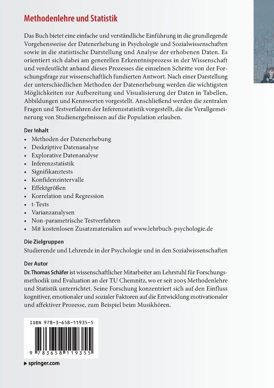 Rückseite: 9783658119355 | Methodenlehre und Statistik | Thomas Schäfer | Taschenbuch | ix | 2016