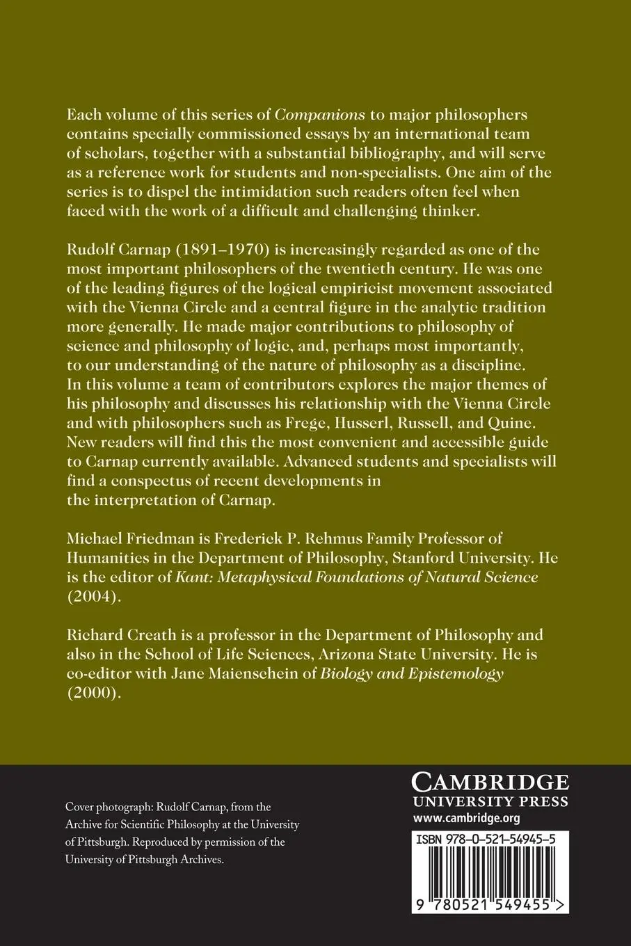 Rückseite: 9780521549455 | The Cambridge Companion to Carnap | Richard Creath (u. a.) | Buch