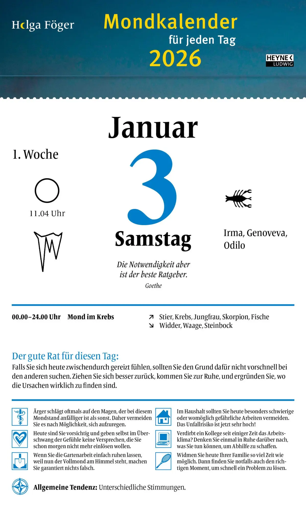 Bild: 9783453239555 | Mondkalender für jeden Tag 2026 | Helga Föger | Kalender | 392 S.