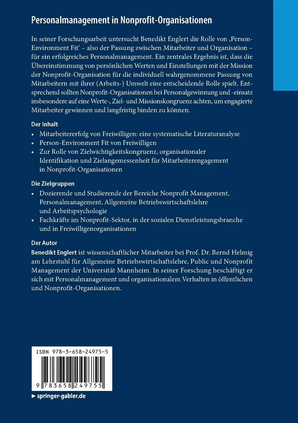 Rückseite: 9783658249755 | Personalmanagement in Nonprofit-Organisationen | Benedikt Englert | xx