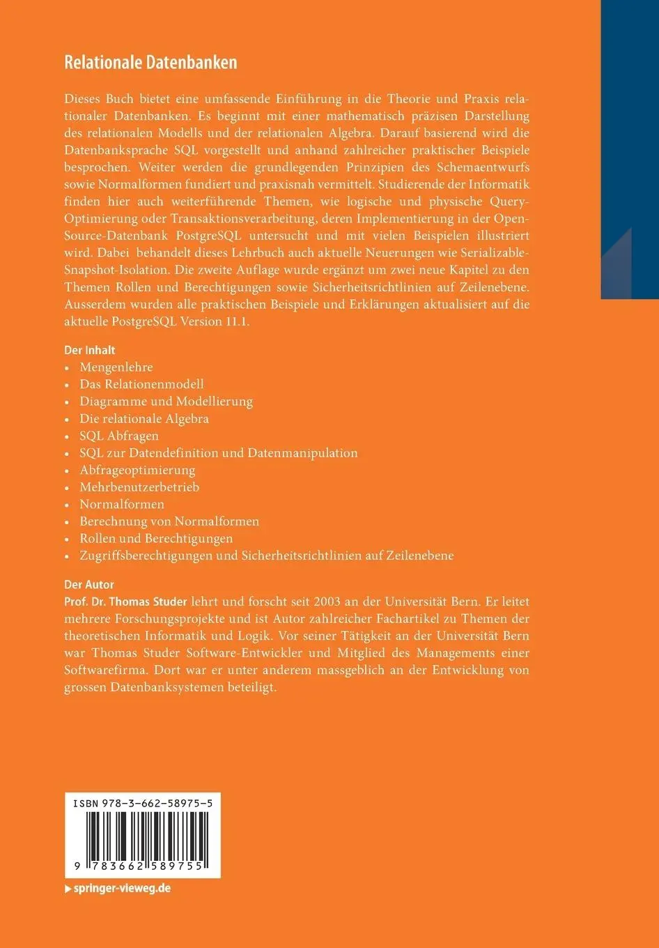 Rückseite: 9783662589755 | Relationale Datenbanken | Thomas Studer | Taschenbuch | xi | Deutsch