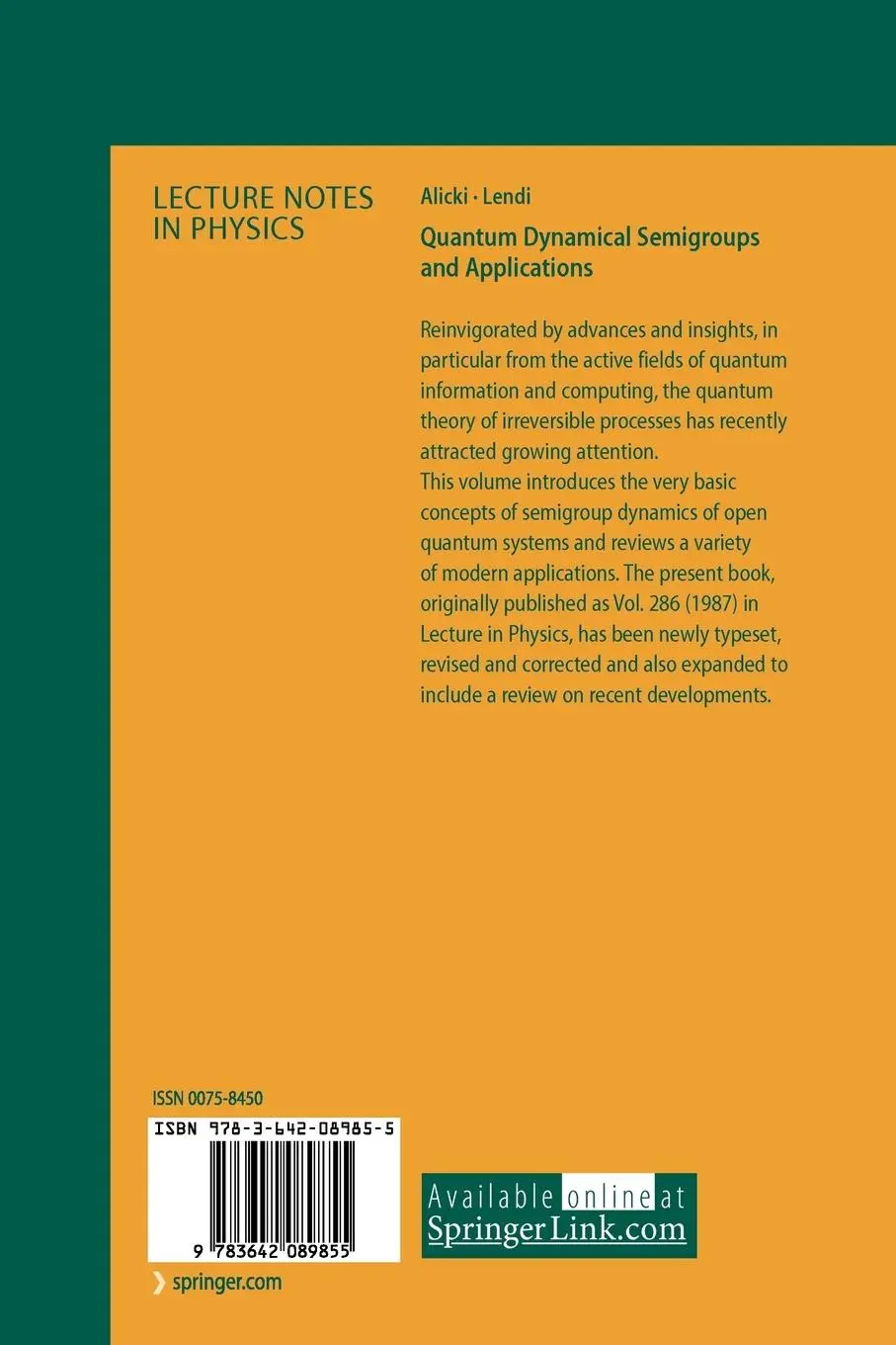 Rückseite: 9783642089855 | Quantum Dynamical Semigroups and Applications | K. Lendi (u. a.) | xi